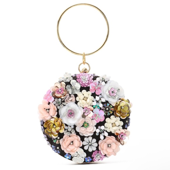 Floral Embellished Round Clutch with Gold Handle NIB - Picture 1 of 6
